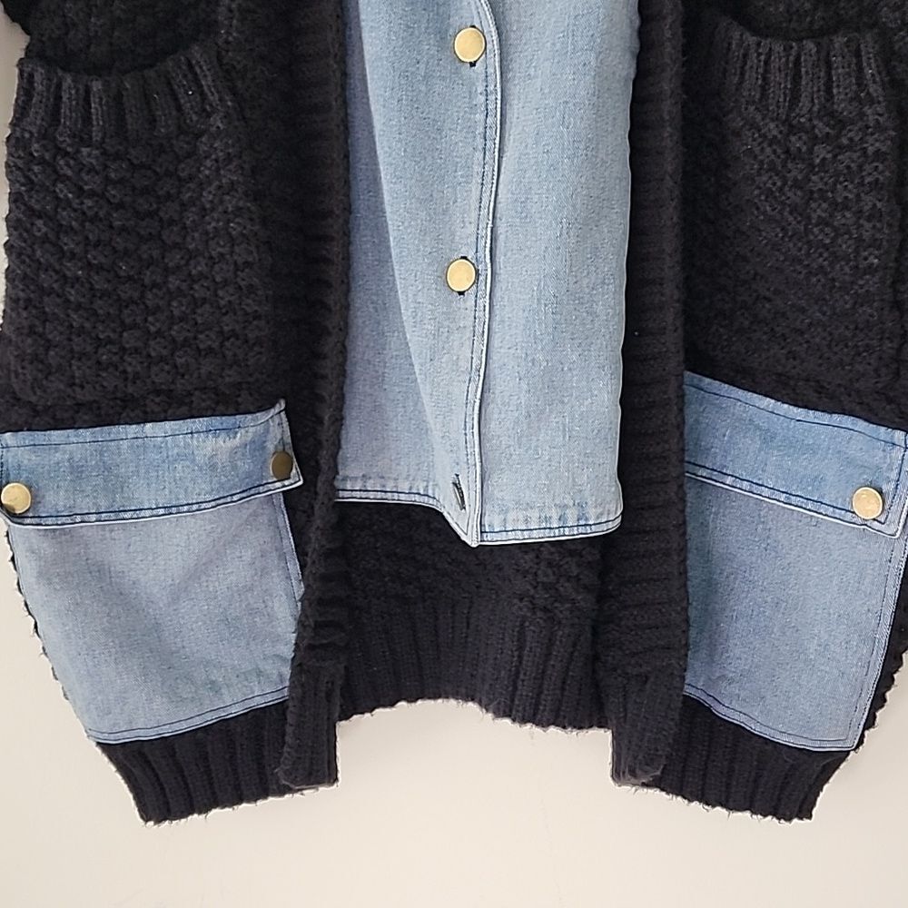 Davi & Dani Denim Collar Black Chuncky Knit  Button Front Cardigan Oversized S - Picture 8 of 14